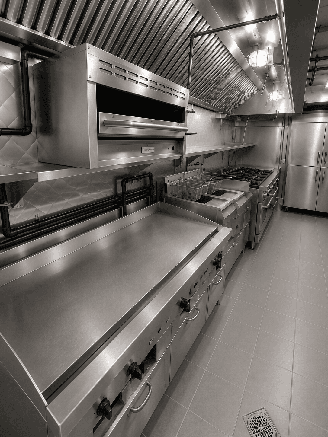 The polished stainless-steel cooking line at Le Yard