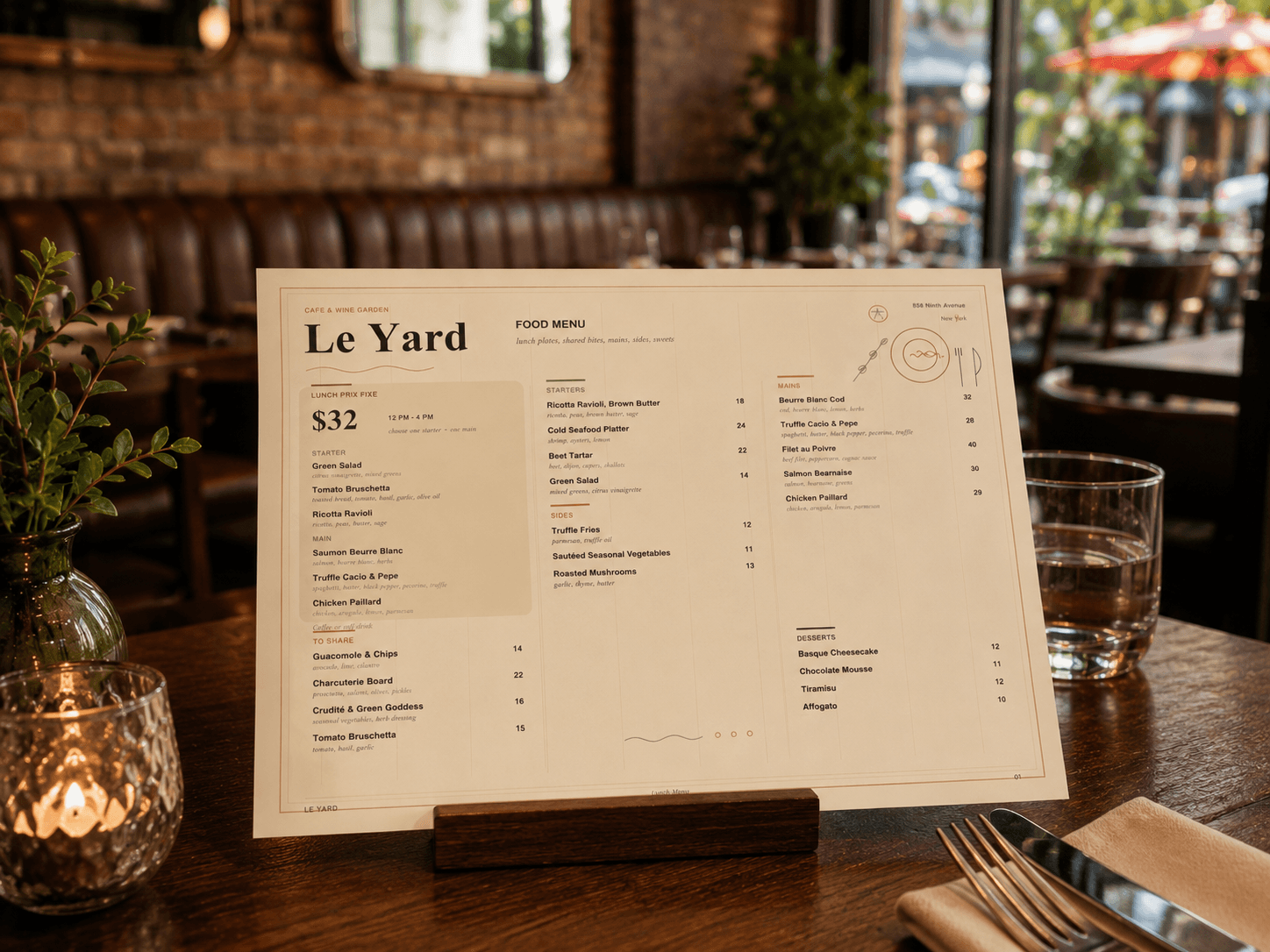 A Le Yard menu on a walnut dining table