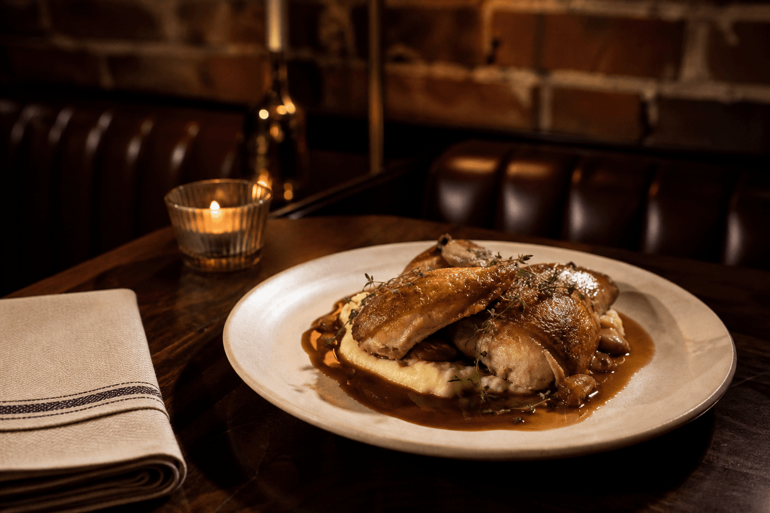 Roast chicken with pommes purée and jus served in warm evening light